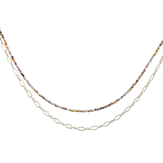 Layering necklaces on a white background, one strand with multi-color beads and the other with a chain.