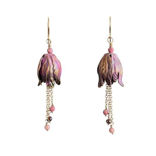 Upside down tulip drop earrings with chain and gemstone beads 